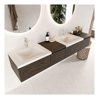 Mondiaz Bukla 200cm badmeubel met module 40 links dark brown 4 lades met wastafel dubbel 2 kraangaten kleur talc