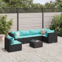 7-delige Loungeset met kussens poly rattan zwart