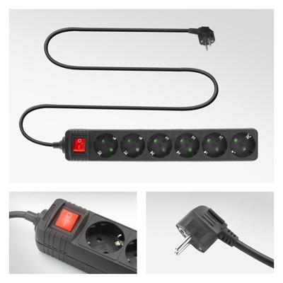 ACT Connectivity Stekkerdoos met lichtgevende schakelaar, 6 sockets, 3 m, zwart