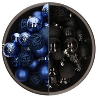 74x stuks kunststof kerstballen mix van kobalt blauw en zwart 6 cm