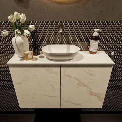 Mondiaz Fowy toiletmeubel 80cm Carrara met blad en waskom talc midden zonder kraangat