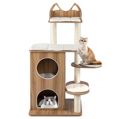 122 cm Hoge Krabpaal van Hout Kattenboom met 2 Verdiepingen Tellende Kattenhol Uitkijkplatform Bovenin en Sisal Krabpalen