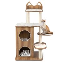 122 cm Hoge Krabpaal van Hout Kattenboom met 2 Verdiepingen Tellende Kattenhol Uitkijkplatform Bovenin en Sisal Krabpalen
