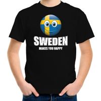 Sweden makes you happy landen t-shirt Zweden zwart voor kinderen met Emoticon