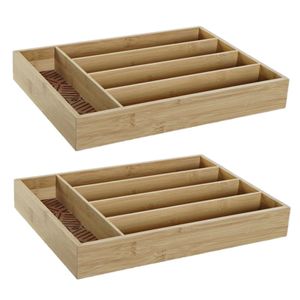 2x stuks bamboe houten bestekbakken/lades met patroontje in de vakjes 35.5 x 25.5 x 5 cm