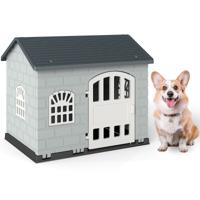 Hondenhok Kunststof Weerbestendig Hondenhuis met Afsluitbare Deur 3 Ramen & Schuin Dak voor Kleine Honden en Katten Grijs