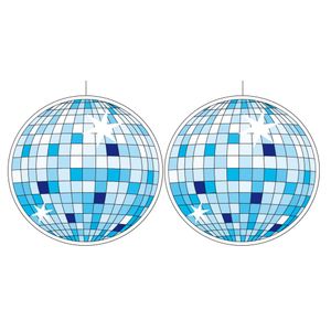 2x stuks Seventies eighties disco thema hangende discobol decoraties blauw 28 cm