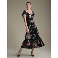 chiffon bruiloftsgast roos bloemen maxi-jurk met v-hals