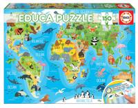 Puzzel van 150 stukjes Wereldkaart dieren EDUCA blauw