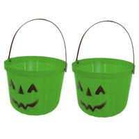 Trick or treat snoep emmertje - 2x - pompoen - groen - D20 cm - Halloween snoepjes emmer