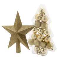 17x stuks kerstballen 3 cm inclusief ster piek goud kunststof - thumbnail