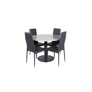 RazziaGR eethoek eetkamertafel terazzo grijs en 4 Slim High Back eetkamerstal PU kunstleer zwart.