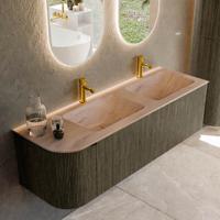 Badmeubel Mondiaz Kurve-Dlux | 145 cm | Meubelkleur Shadow | Wastafelkleur Saba | Solid surface | Dubbel / Rechts spoelbak | 2 kraangaten