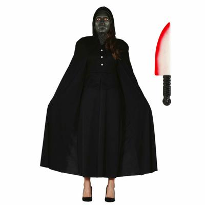 Carnaval Halloween verkleedkleding set - zwart masker - Cape zwart met capuchon - Groot mes 40 cm
