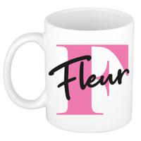 Naam mok Fleur - roze - wit - keramiek - 300 ml - verjaardag/cadeau beker