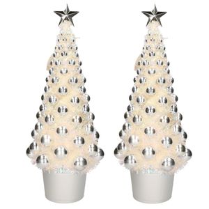 2x stuks complete kerstbomen met ballen en lichtjes zilver 60 cm