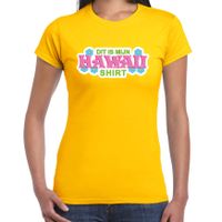 Hawaii shirt zomer t-shirt geel met roze letters voor dames - thumbnail