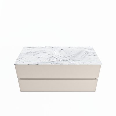 MONDIAZ VICA-DLUX 110cm badmeubel onderkast Linen 2 lades. Inbouw wastafel CLOUD rechts 1 kraangat, kleur Glace.