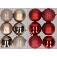 12x stuks kunststof kerstballen mix van champagne en donkerrood 8 cm