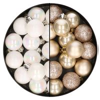 28x stuks kleine kunststof kerstballen champagne en parelmoer wit 3 cm - thumbnail