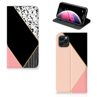 Apple iPhone 11 Pro Max Stand Case Zwart Roze Vormen - thumbnail