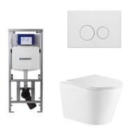 QeramiQ Dely Toiletset - 36.3x51.7cm - diepspoel - rimless - Geberit UP320 Burda inbouwreservoir - softclose toiletzitting - mat witte bedieningsplaat - ronde knoppen - wit glans SW543431/0701131/SW706190