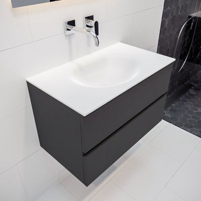 Mondiaz Vica Moon badmeubel antraciet mat 80 cm 2 lades solid surface enkele spoelbak midden zonder kraangat