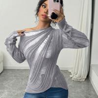 Bon&Bon Women's Asymmetrical Neck Hollow Knit Sweater - Grey Slim Fit Grey / XS