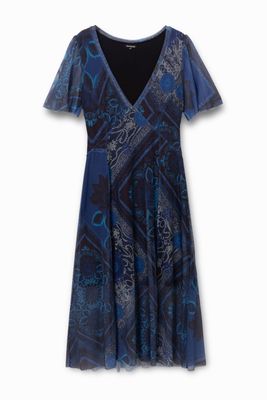 Wijd uitlopende jurk met twee lagen - BLUE - XL
