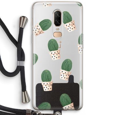 Cactusprint roze: OnePlus 6 Transparant Hoesje met koord
