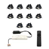 Set met 10 Sienna 12V inbouwspots - 3 Watt 200 lumen - 2700K warm wit - Zwart - IP44 waterdicht - kantelbaar - verandaspots - met afstandsbediening