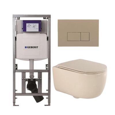 QeramiQ Dely Swirl Toiletset - 36.3x51.7cm - Geberit UP320 inbouwreservoir - met Burda frame - slimzitting - bedieningsplaat taupe - rechthoekige knoppen - beige 0701131/SW1102379/SW1000770/SW1026259