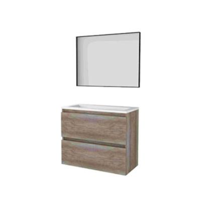 Basic-Line Framed 39 Badkamermeubelset - Ondiep - 80 x 39 cm - Greeploos - 2 Lades - Acryl Wastafel - Zonder Kraangat - Spiegel met Zwart Aluminium Frame - Scotch Oak