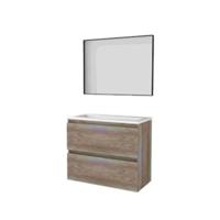 Basic-Line Framed 39 Badkamermeubelset - Ondiep - 80 x 39 cm - Greeploos - 2 Lades - Acryl Wastafel - Zonder Kraangat - Spiegel met Zwart Aluminium Frame - Scotch Oak