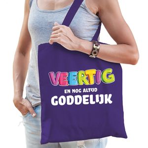 Cadeau tas 40 jaar - veertig en goddelijk - dames - paars - katoen - 42 x 38 cm