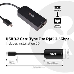 Club 3D USB-C 3.2 Gen1 > RJ-45 2.5Gbps adapter 0,16 meter