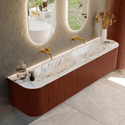 Badmeubel Mondiaz Kurve-Dlux | 190 cm cm | Meubelkleur Ruby | Wastafelkleur Glace | Solid surface | Wasbak beiden zijden spoelbak | Zonder kraangat(en)