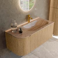 Badmeubel Mondiaz Kurve-Dlux | 105 cm | Meubelkleur Oak | Wastafelkleur Arena | Solid surface | Wasbak rechter zijde spoelbak | 1 kraangat