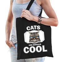 Katoenen tasje cats are serious cool zwart - katten/ coole poes cadeau tas   -