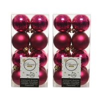 32x Bessen roze kleine kerstballen 4 cm kunststof mat/glans - thumbnail