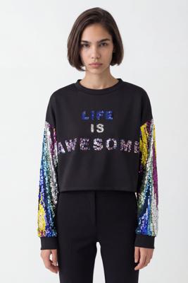 Cropped sweatshirt met pailletten - BLACK - S Cropped sweatshirt met pailletten - BLACK - S