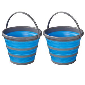 2x stuks compacte opvouwbare/inklapbare emmers blauw/grijs 10 liter camping/vis emmers - Emmers