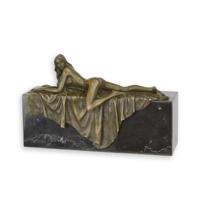 A BRONZE SCULPTURE OF A NAKED WOMAN ON CARPET ON MARBLE BASE - thumbnail