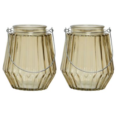 2x stuks theelichthouders/waxinelichthouders streepjes glas taupe met metalen handvat 11 x 13 cm