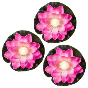 Waterlelie met LED- 3x -licht - roze - D13 cm - kunststof - drijvend - werkt op batterijen