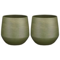 2x Stuks Plantenpot/bloempot keramiek donkergroen relief patroon - D24/H23 cm - thumbnail