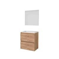 Basic-Line Basic 39 Badkamermeubelset - Ondiep - 60 x 39 cm - Greeploos - 2 Lades - Acryl Wastafel - Zonder Kraangat - Spiegel - Whisky Oak