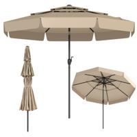 300 cm Parasol Kantelbare Nuitenparasol met 3-Traps Geventileerd Dak Ruches Slinger 8 Baleinen Tuinparasol met Zonwering-Beige