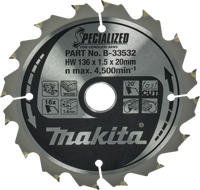 Makita Cirkelzaagblad Hout Specialized 136x20x1,5 16T - thumbnail