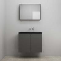 On-Line Badkamermeubelset - 80 cm - Voorgemonteerd - Greeploze Ladestructuur - Acryl Wastafel - zonder Kraangat - Spiegelkast - Mat Antraciet